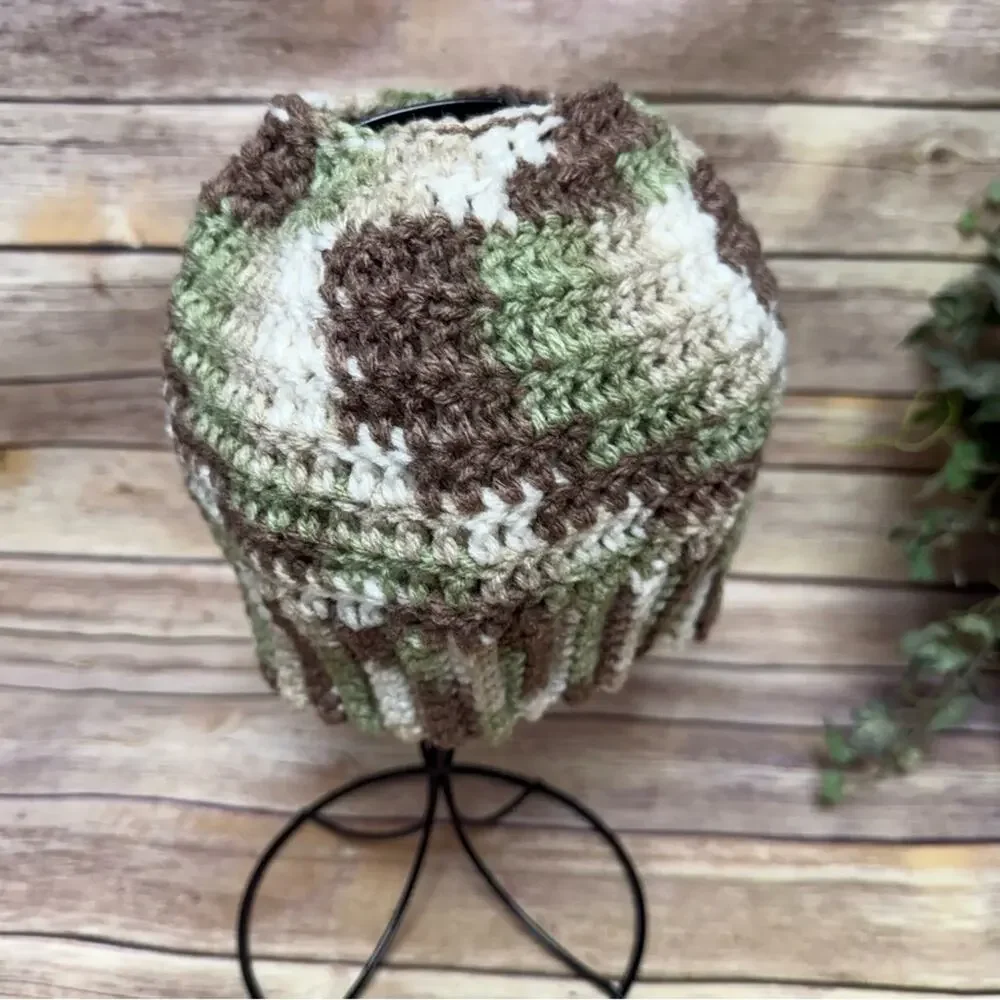 Cozy Camouflage Knit Messy Bun Beanie